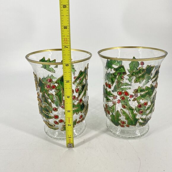 Set Of 2 Celebrations Crackle Glass Christmas Votive Candle Holder Holly Berries - Picture 2 of 4